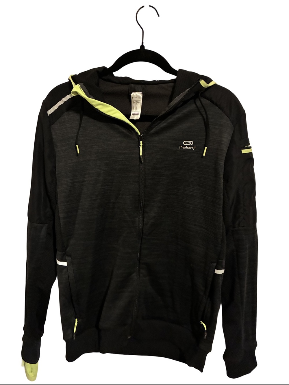 Men's Black & Neon Zip-Kalenji Performance Running Hoodie